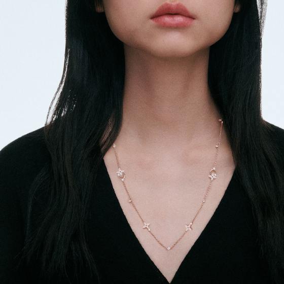 Idylle Blossom Multi-Pattern Long Necklace, Pink Gold and Diamonds
