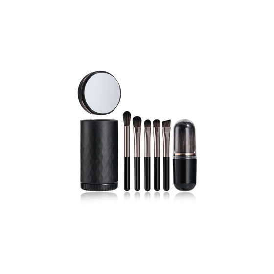 6 IN 1 Portable Mini Size Make up Brushes Kits Custom Logo Small Travel Professional Black Makeup Brushes with Mirror Holder