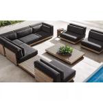 luxury modern outdoor furniture grey water proof fabric L shape corner modular garden sofas set with teak arm table