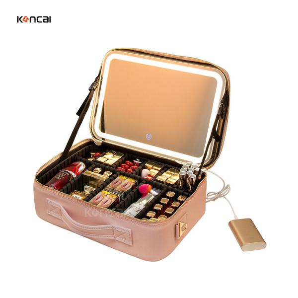 KONCAI High Quality LED Lighted Mirror Portable Fashion Cosmetic Bag Pink Travel Organizer Custom Logo Little Makeup Case