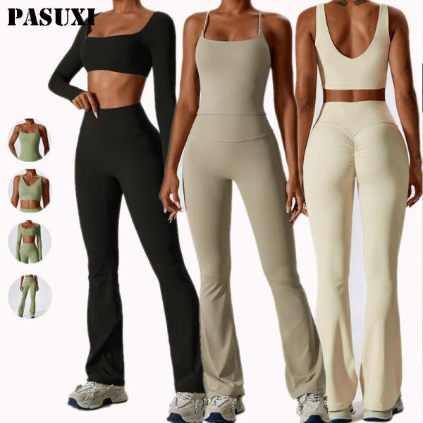 PASUXI Wholesale Women Sports Gym Wear Workout Set Tights Crop Top 2 Pieces Seamless Long Sleeve Fitness Yoga Set