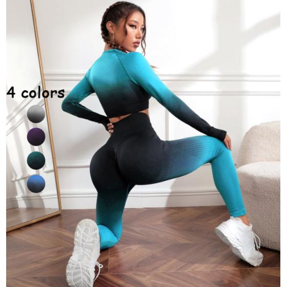 2PCS Seamless Women Yoga Set Workout Sportswear Gym Clothing Fitness Long Sleeve Crop Top High Waist Leggings Sports Suits
