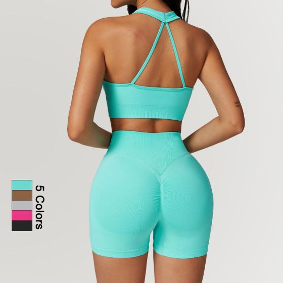 New Arrival Women Rib Seamless Sports Workout Wear Sexy Backless Bra High Waist Shorts Scrunch Butt Fitness Yoga Set