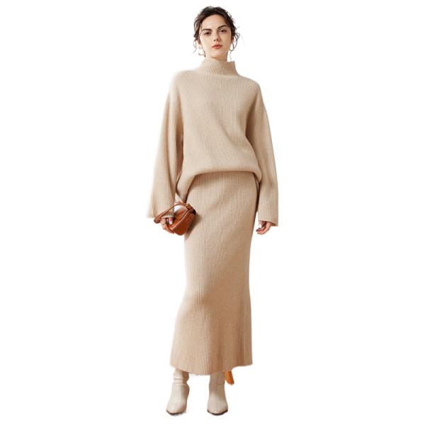 qiaoyatou autumn and winter fashion knitted two-piece set of irregular turtleneck cashmere sweater draped casual skirt for women