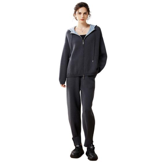 qiaoyatou cashmere fashion set Women's double thick Autumn/Winter hooded zipper sweater coat + loose knit bloomers